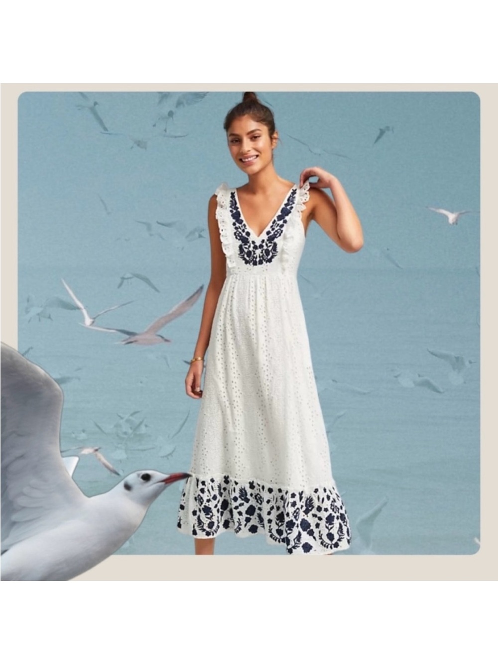 Allison New York Anthropologie white Eyelet Navy Embroidered Midi Dress XSmall - Picture 14 of 14